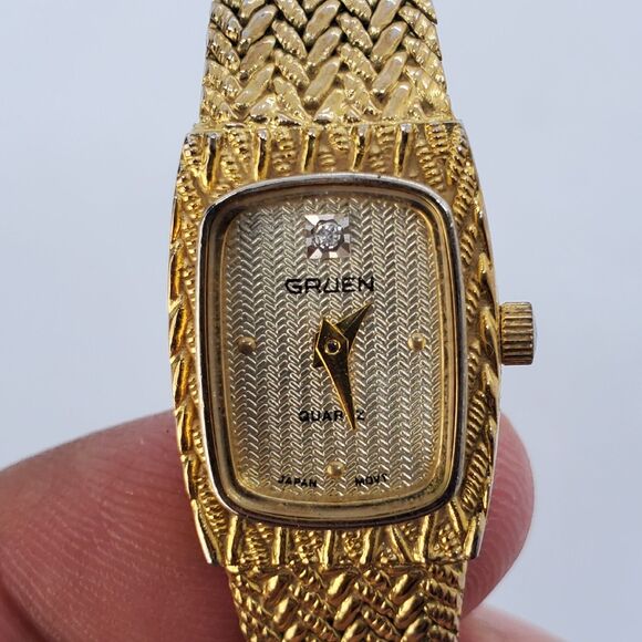 Gruen Women's Watch 15MM Gold Dial Gold Bracelet Band Up to 7